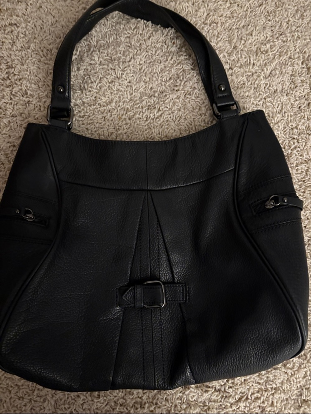 Perlina Black Leather Shoulder Tote with Front Buckle